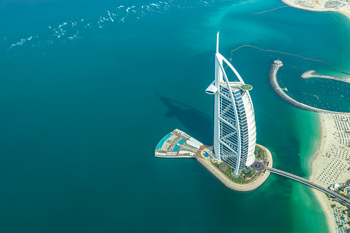 Aerial view of Burj AL Arab hotel in Dubai, United Arab Emirates
